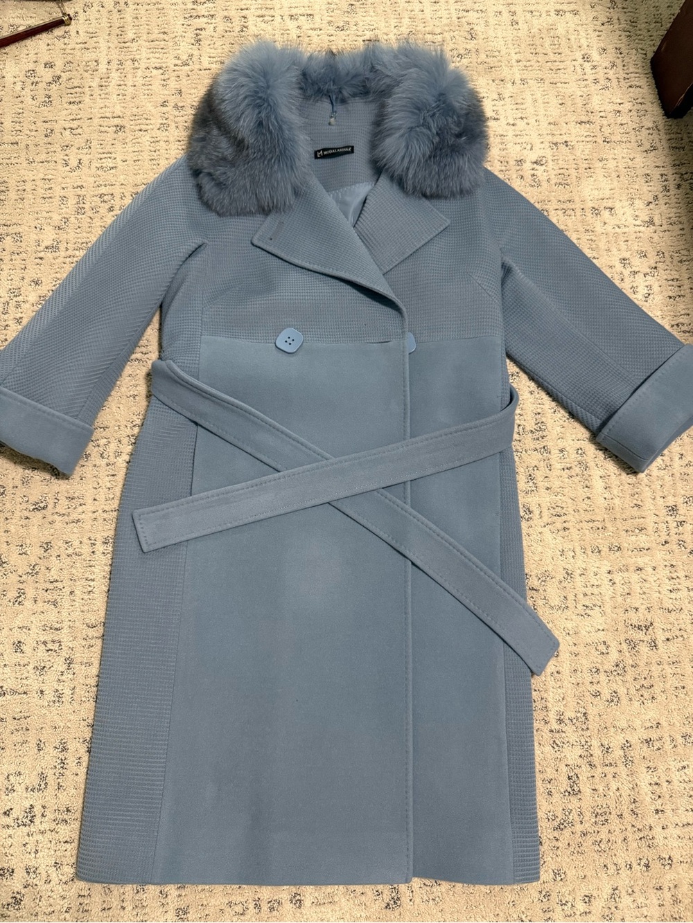 Classic Powder Blue Wool-Blend Coat with Faux Fur Collar - Women
